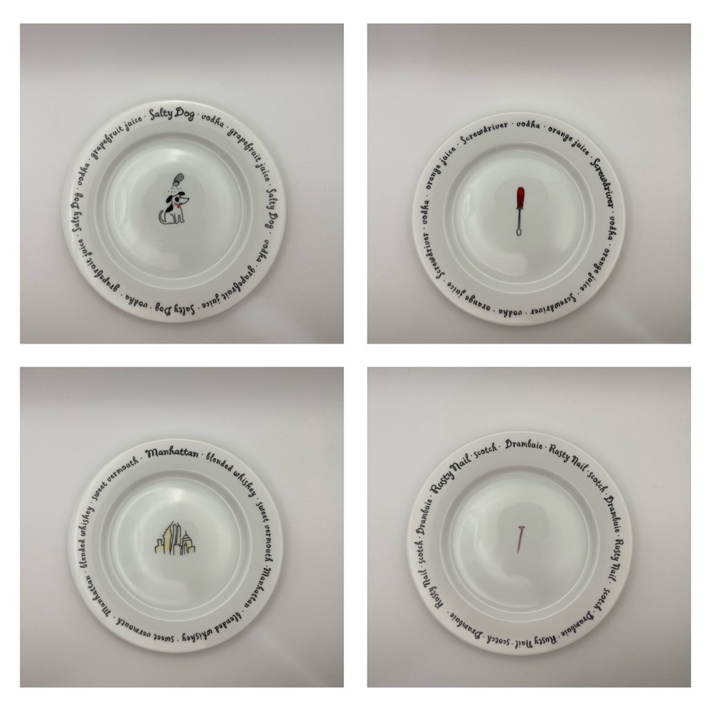 4 Pottery Barn Bar Lingo Cocktail Appetizer Plates 8"  Drink Recipes Set